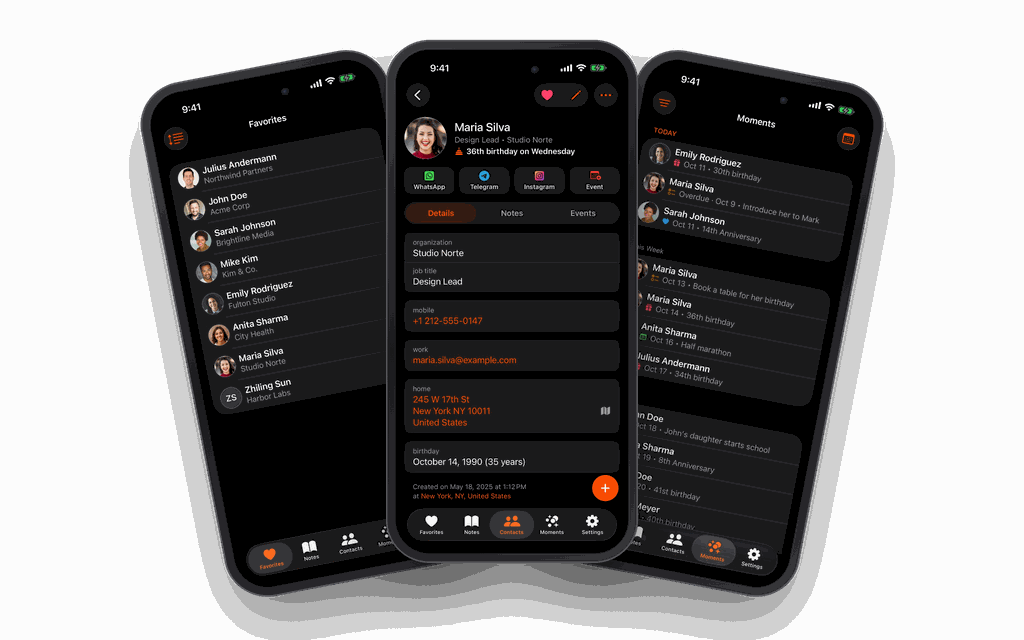Starrise Contacts in Dark Mode on three iPhones: Favorites, a contact’s details and Moments