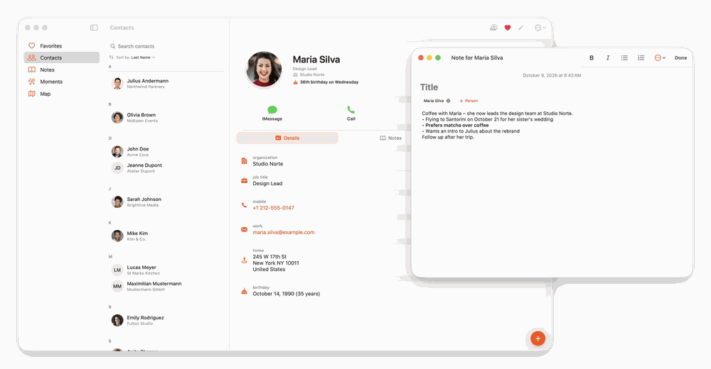Starrise Contacts for Mac showing a contact’s details and a note in its own window