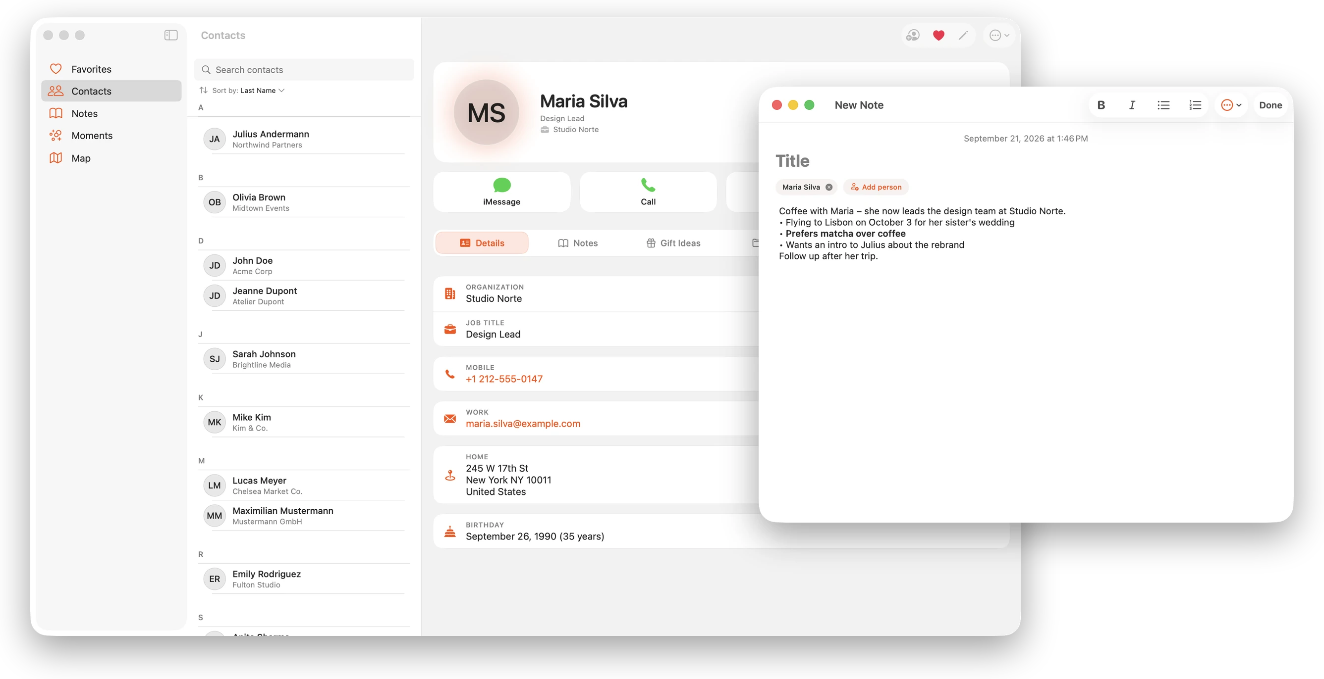 Starrise Contacts for Mac: contact details with a note open in its own window