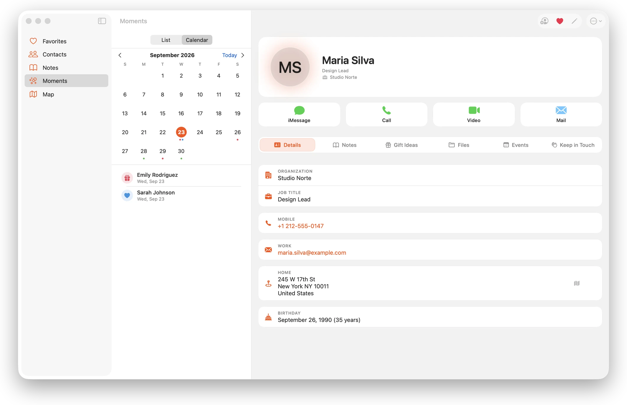 Moments calendar with birthdays and plans on the Mac